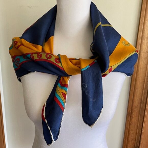 BURMEL Vintage Hand Rolled Bold Retro Print Blue Square Scarf - Picture 12 of 16